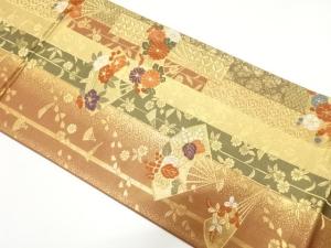 縞に花扇・枝垂れ桜模様織り出し　袋帯